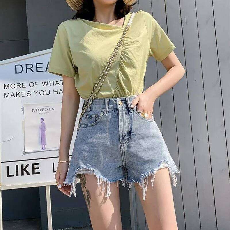 Women's denim shorts women's autumn new Korean version ripped hole high waist slim fit slimming A-line hot pants XJ260305