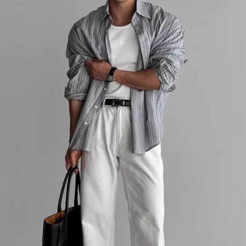 Vintage Mens Striped Printed Shirt Long Sleeve Turn-down Collar Buttoned Shirts Autumn New Casual Slim Fit Men Cardigan Shirts M260305