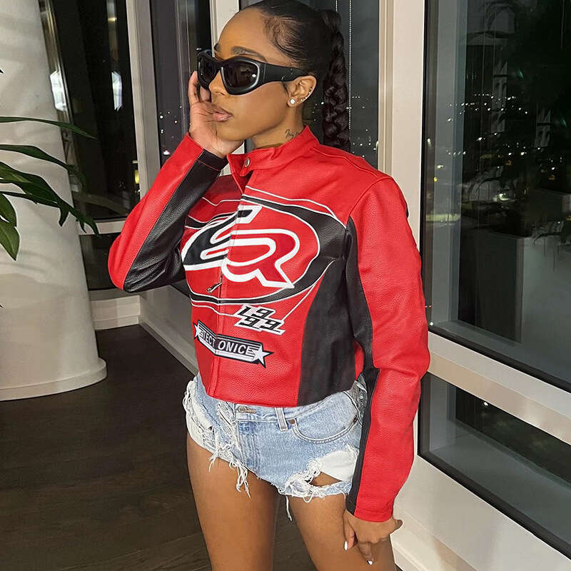 2024 Autumn Winter New Cross-Border European and American Foreign Trade Sexy Crop Zipper Top Color-Block Embroidery Short Fashion Jacket