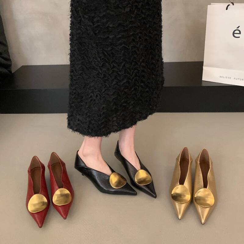 Autumn Vintage Low Heel Metal Decoration Women Mary Jane Sexy Pointed Toe Stripper Party Shoes Zapatos De Mujer ddmymonkey