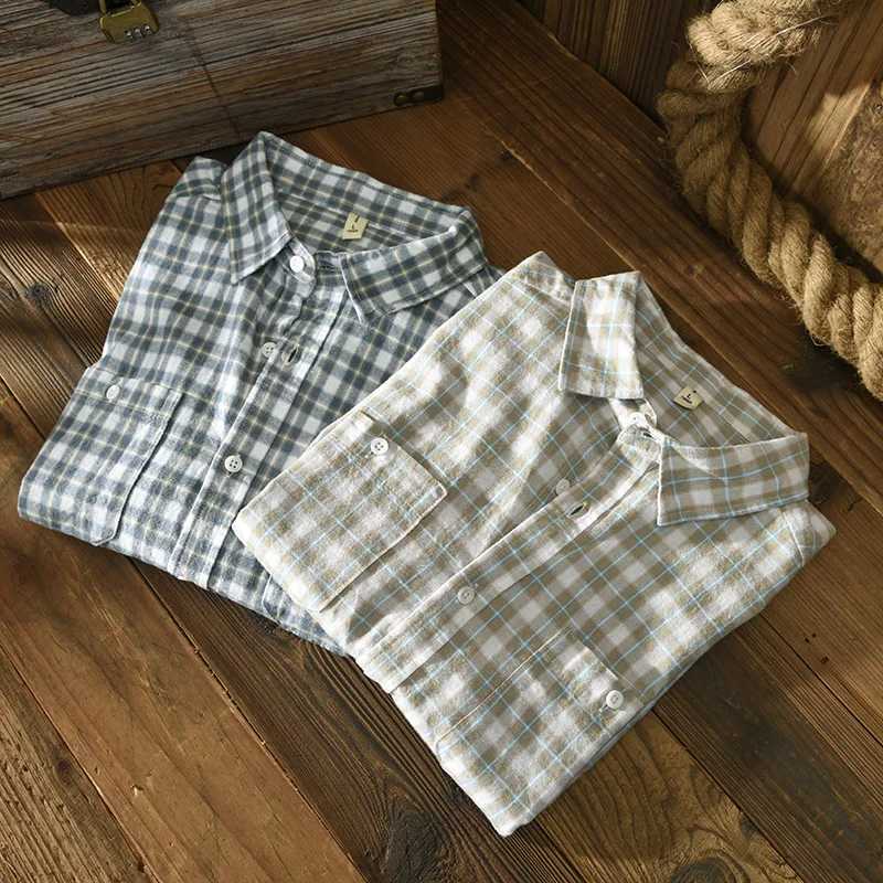 2026 Spring Autumn New Men Shirts Casual Plaid Long Sleeve Cotton Shirt Thick Retro Multi-pocket Blue Workwear M260305