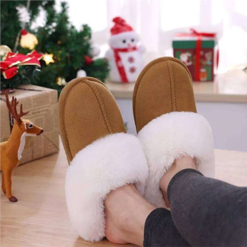 Kidmi Suede Plush House For Women Winter Fluffy Faux Fur Collar Soft Slippers High-density Memory Foam Indoor Shoes