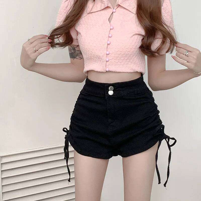 High Waist Jean Women Draw String Denim Patchwork Loose Shorts Zipper Fly Buttons Spliced Casual Summer Pockets XJ260305