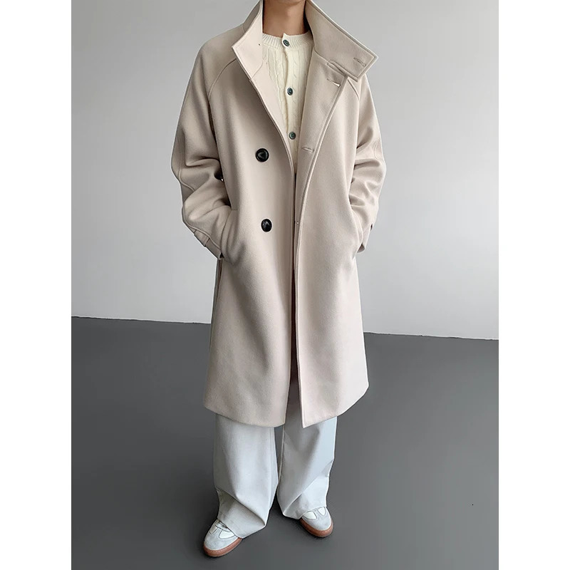 Autumn Winter Mens Wool Trench Coat Mid Length Stand Collar Solid Color Windproof Warm Two Button Outerwear 260302