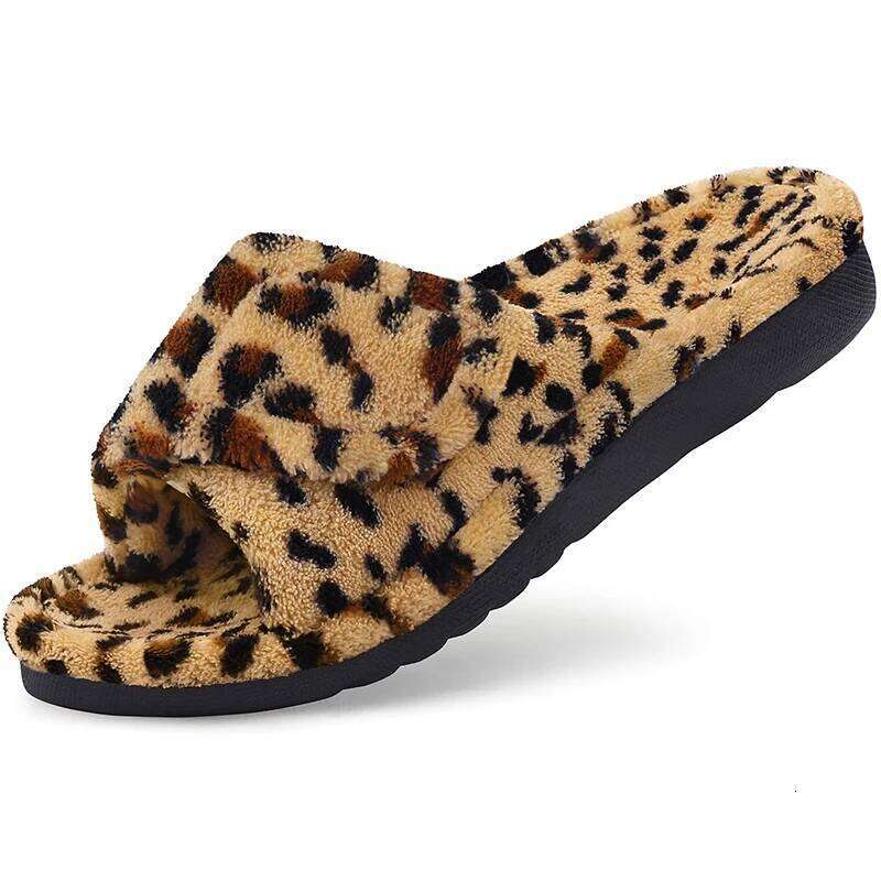 Kidmi New Women Leopard Print Cotton Coral Fleece Orthopedic Slippers with Arch Support Adjustable Open Toe House Shoes