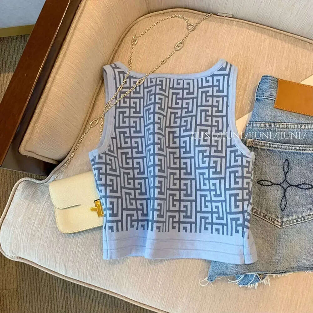French Slim Sleeveless Knitted Ice Silk Top Trendy Fashion Round Neck Printed Short Vest Mdng260304