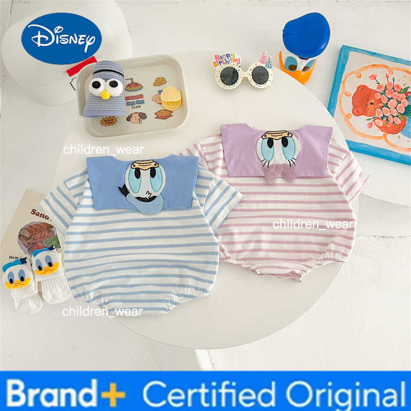 Disney Summer Striped Navy Collar Cartoon Bodysuits Mickey Mouse Donald Daisy Duck Toddler Cotton Rompers Outfits for Girl Boy H260305