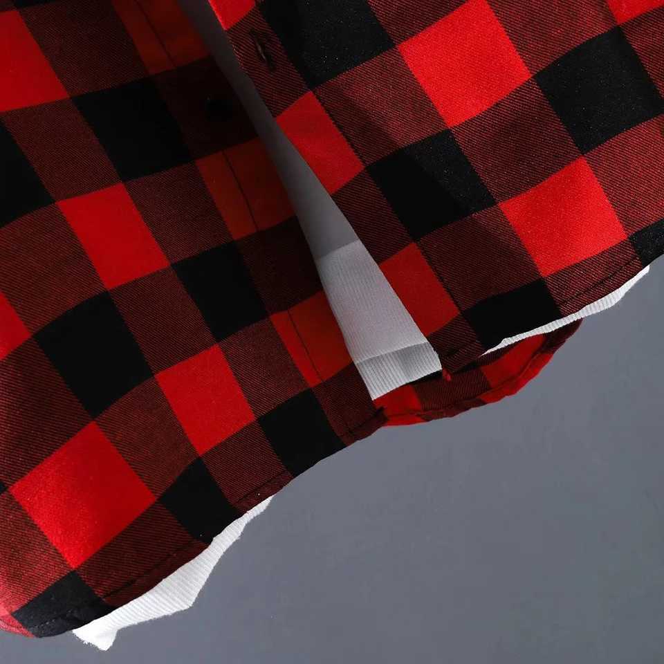 Stylish Mens Button Down Plaid Shirts Baggy Coat Lapel Tops Long Sleeve Check Shirts Casual Workwear Red Black M260305