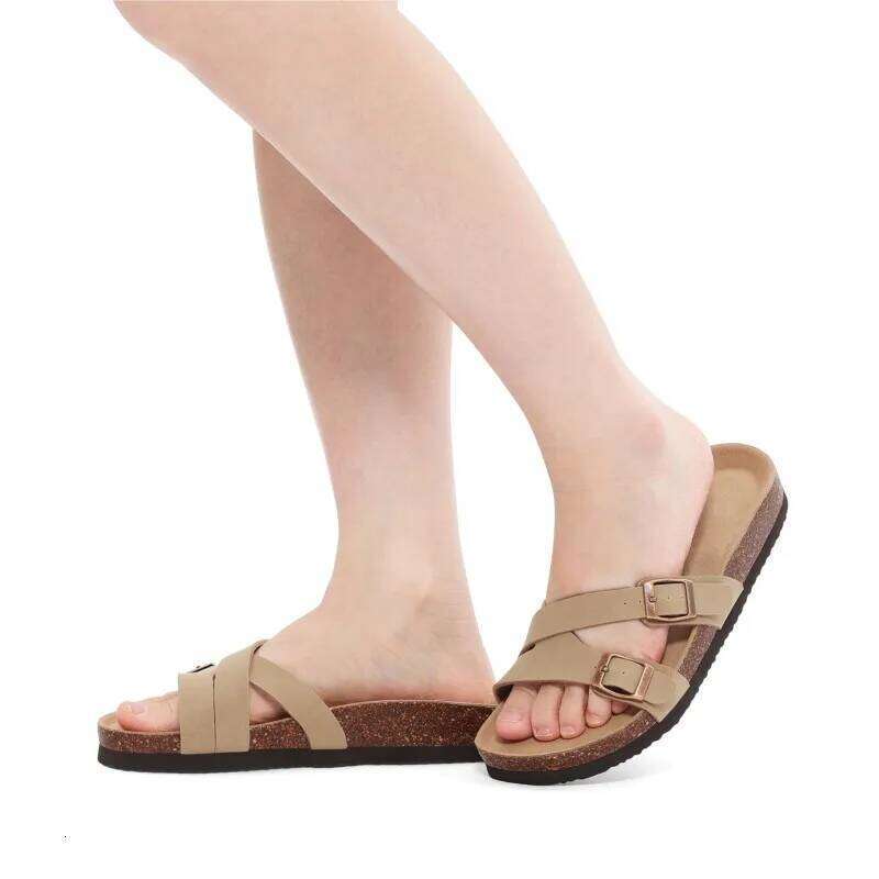 Kidmi Summer Women's Flat Cross Straps Fashion Sandals with Metal Buckle Lady Slides PVC Casual Beach Slippers