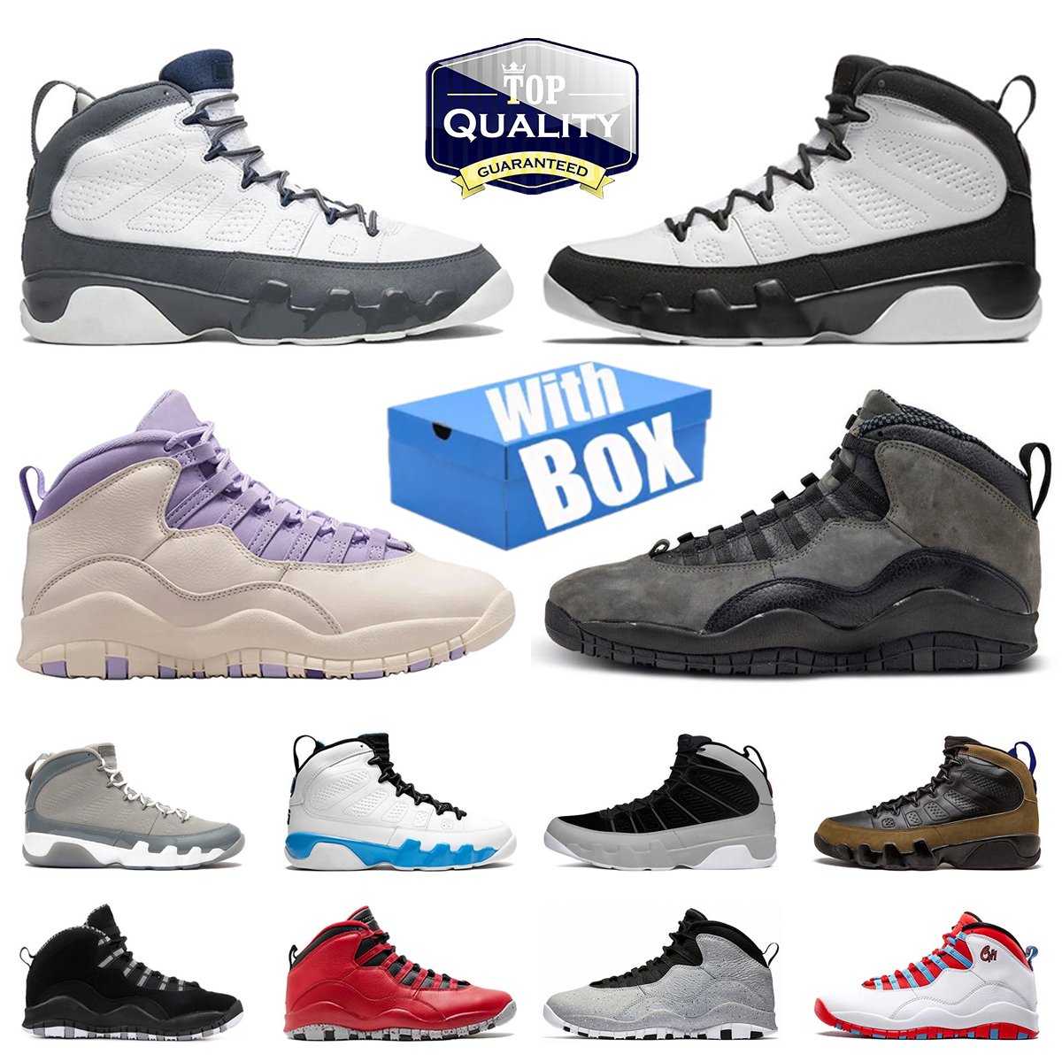 With Box j9 j10 Jump mans 9s 10s Basketball Shoes Hydrangeas Flint Grey Space Jam Cool Grey Powder Blue Particle Grey Olive Shadow Steel Men Sports Trainers Sneakers