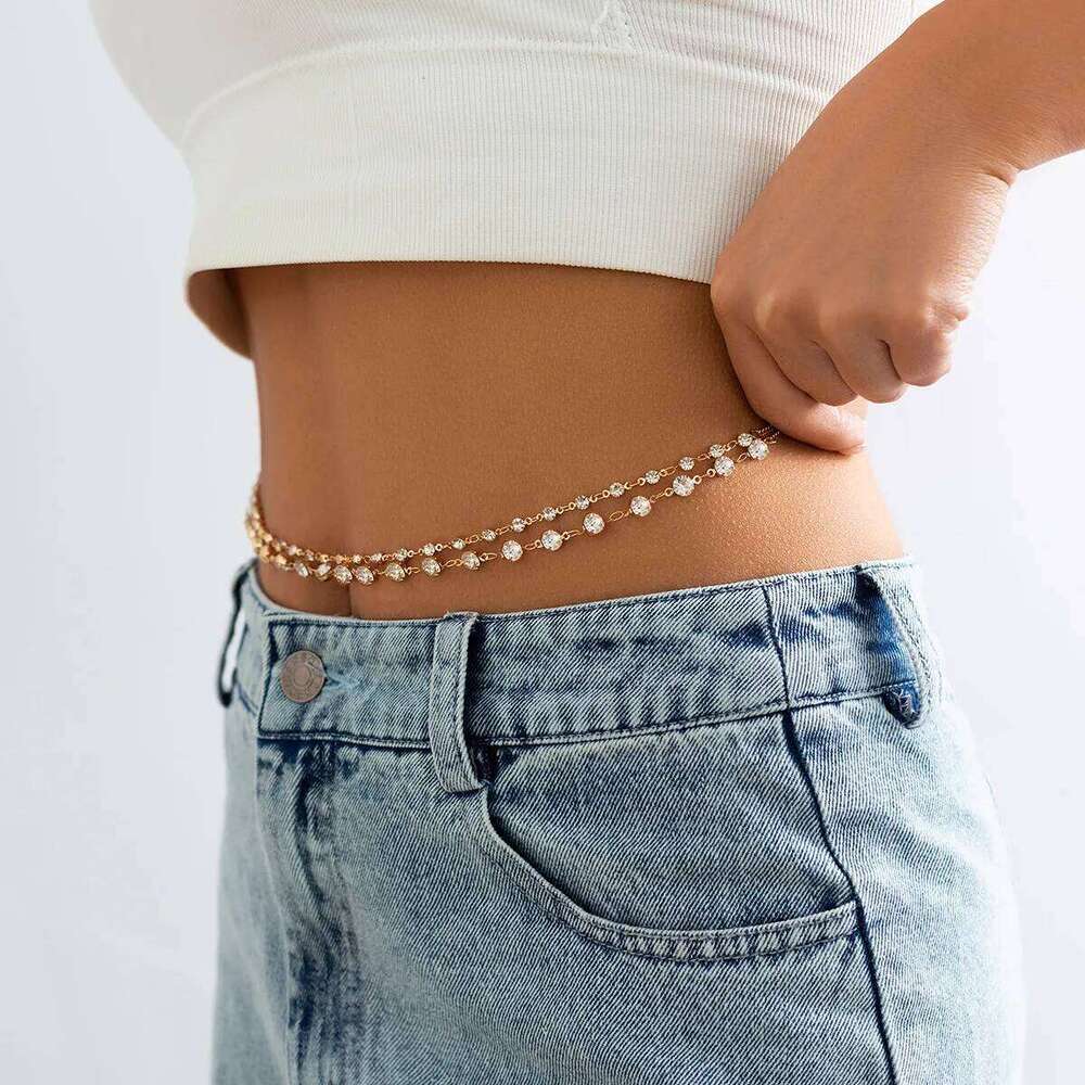 Exquisite Bilayer Bikini Belly Chains Sexy Women Shining Rhinestone Waist Chain Summer Beach Party Body Jewelry Y2K Accessories S260304