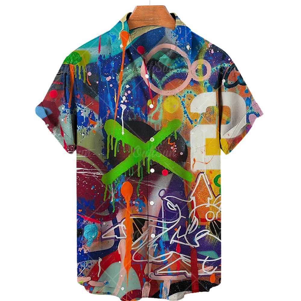 Summer Mens Designer Shirts Colorful Graffiti 3D Print Hawaiian Blouse Short Sleeves Fashion Floral Oversized Retro M260305