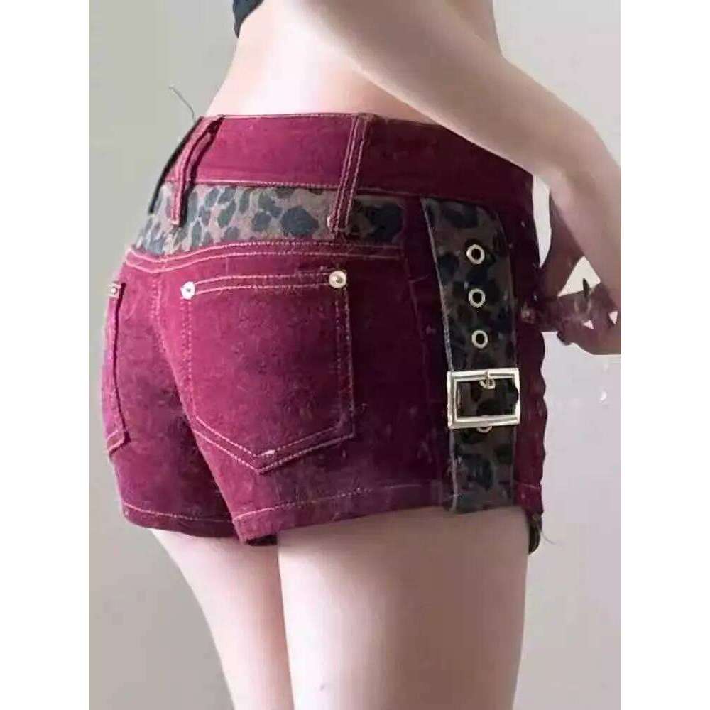 2026 Summer New Retro Red Leopard Print Splicing Super Shorts Women Sexy Low-rise Slim-fit Hot Pants XJ260305