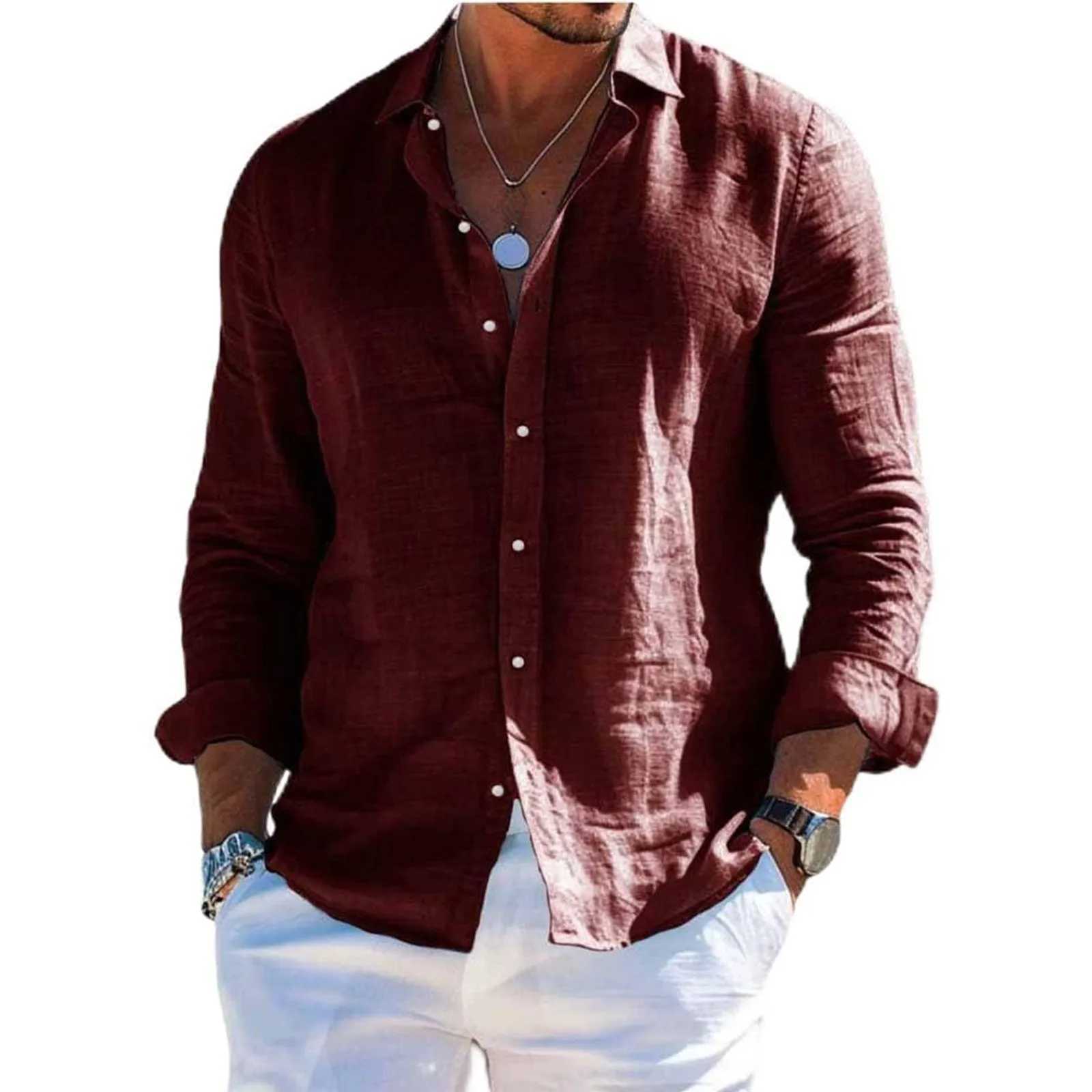Mens tops long sleeve new style shirt cotton linen cool solid color loose lapel casual beach style cardigan spring and summer M260305