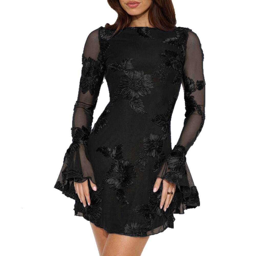 Mardi Hefxessdr Backless Rose Pink Floral Mesh Short Dress Elegant Party Dresses For Women Long Sleeve Embroidered Birthday Dress commute dress women&