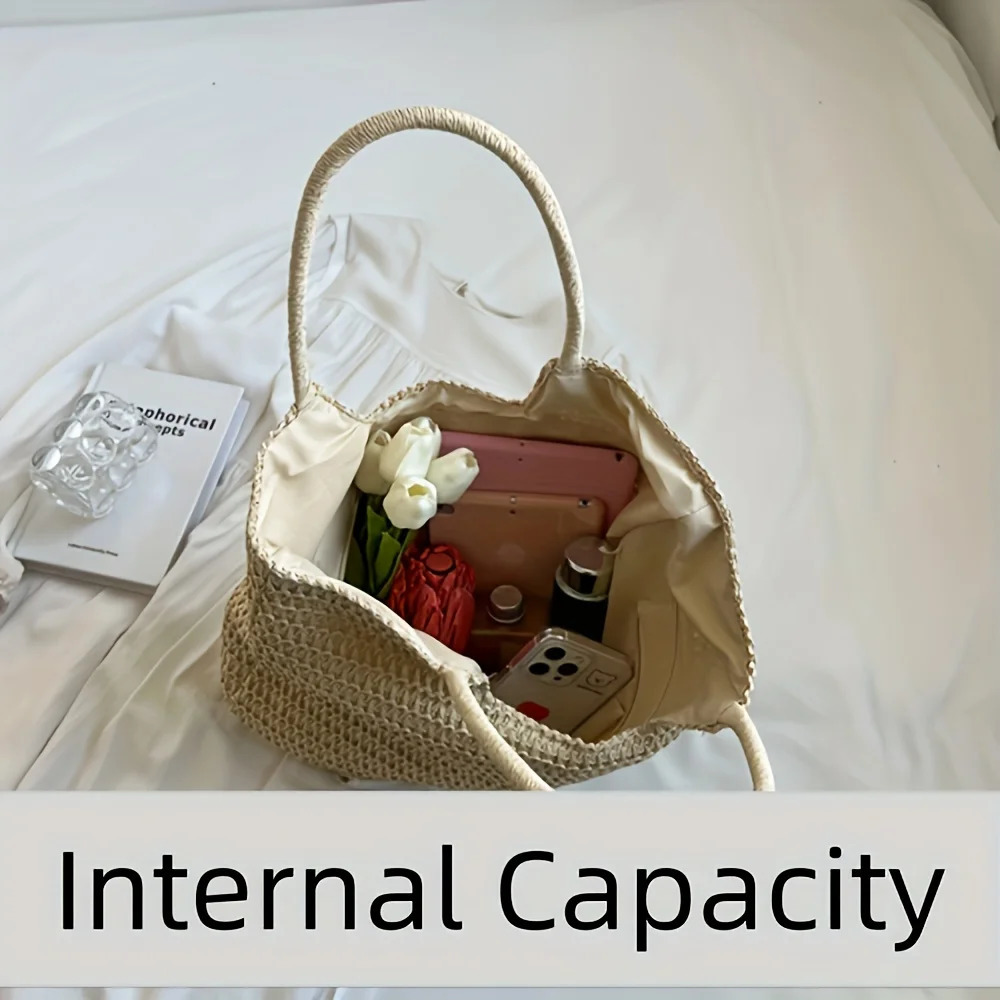 Large Capacity High-Quality Paper Straw Tote Bag - Durable Woven Beach Casual Handbag with Fixed Shoulder Straps 260303