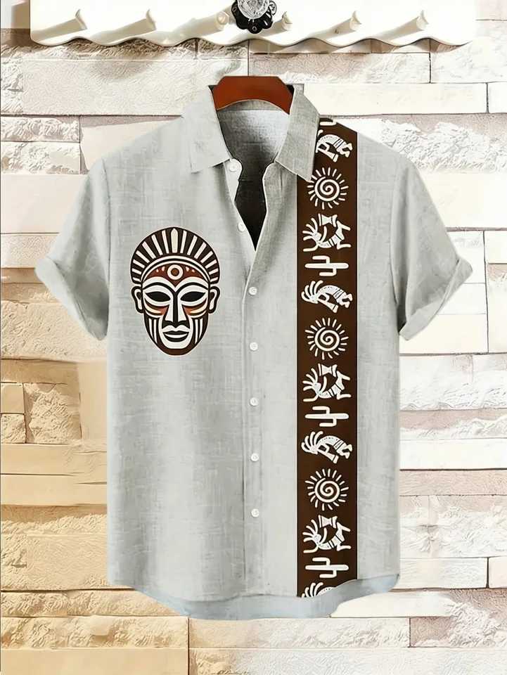 Vintage pattern print fashionable mens short sleeved shirt loose top outdoor street casual and comfortable M260305