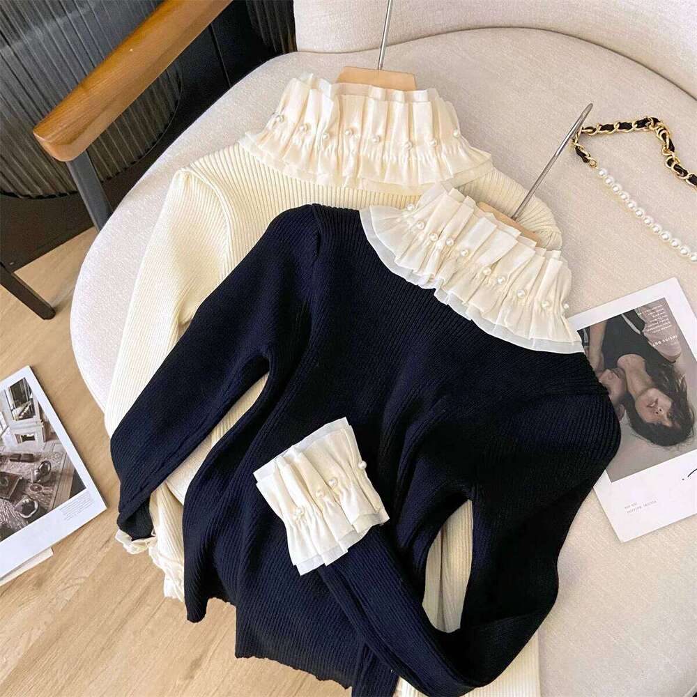 French Style Vintage Women Elasitc Stand-up Collar Long Sleeve Knitted Pullover Beading Ruffles Patchwork Sweaters Tops 2026 XJ260305