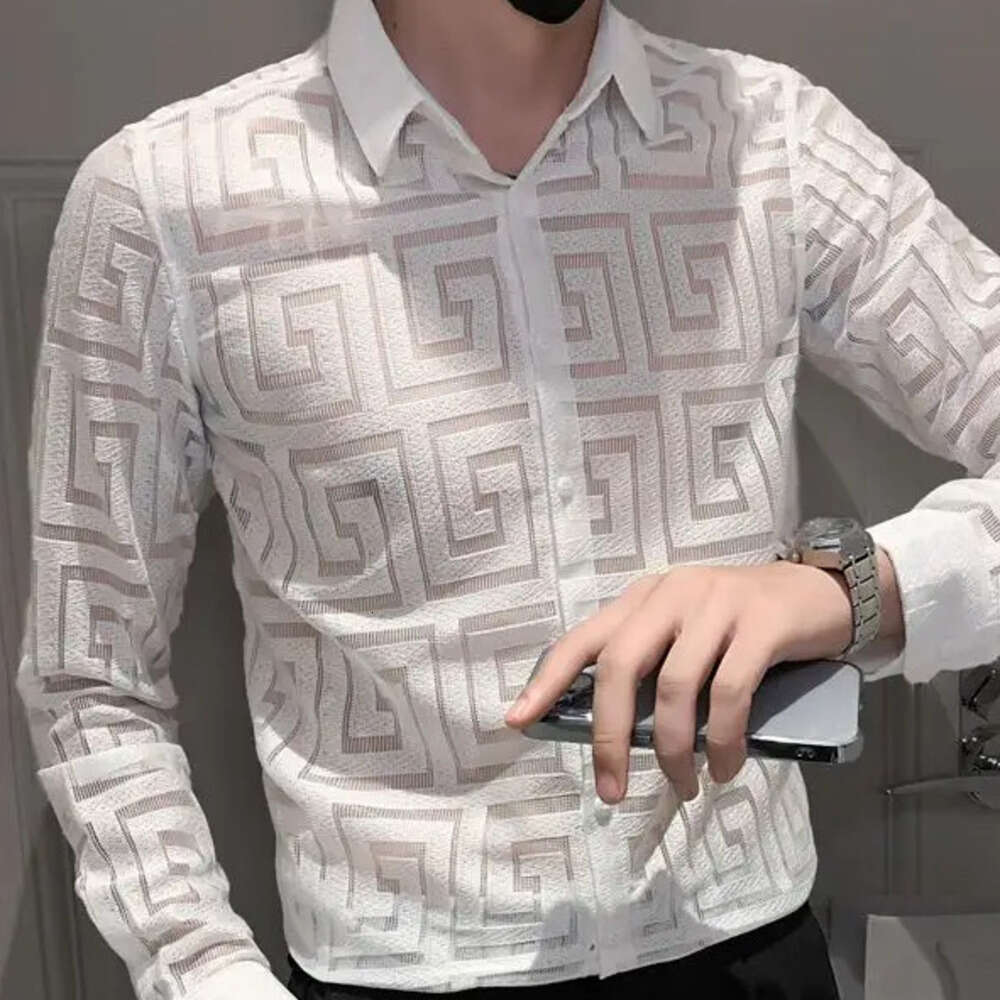 Men's Clothing Spring And Autumn Hollow Long-Sleeved Shirts Fashion Brand Handsome Lapel Printed Top