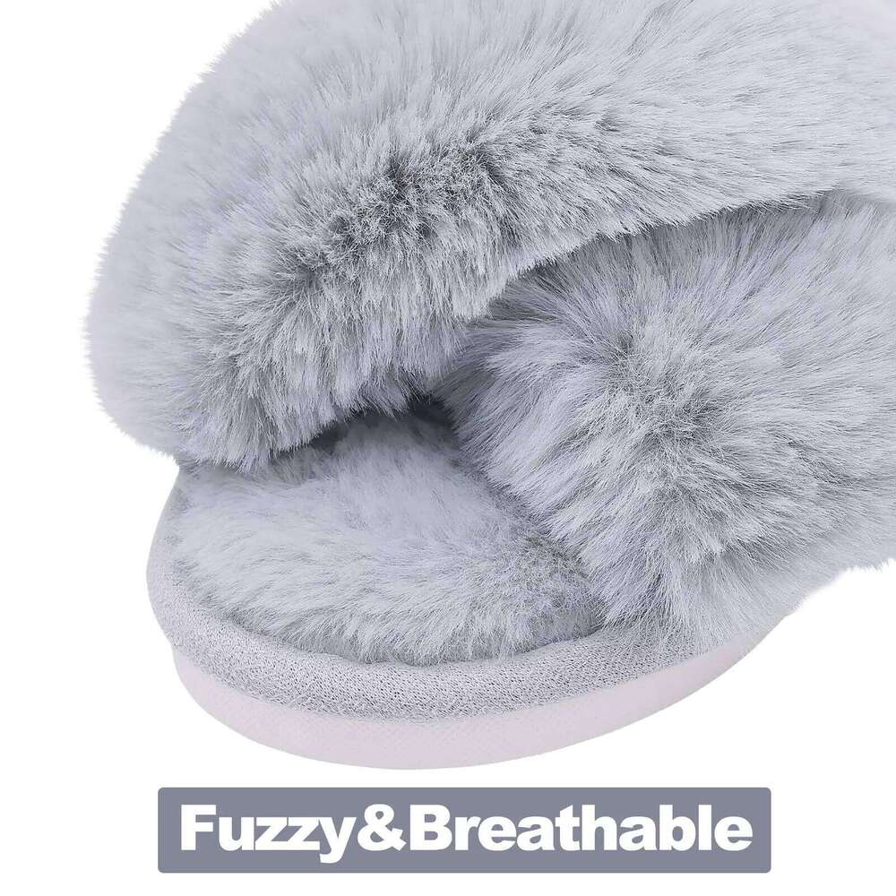 Kidmi Women Flat Fuzzy Cross Band Plush Female Fluffy Furry Bedroom Slides Indoor Non-slip Soft House Slippers