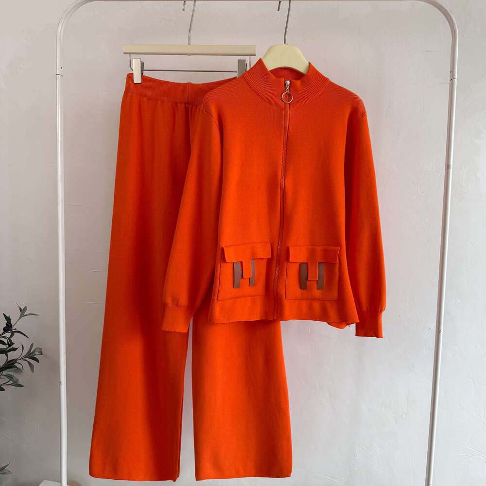 Women's Fashionable Knitted Zipper Cardigan Wide Leg Pants Pocket Two Piece Set Cross-Border New Style Versatile Ensemble Asia Size