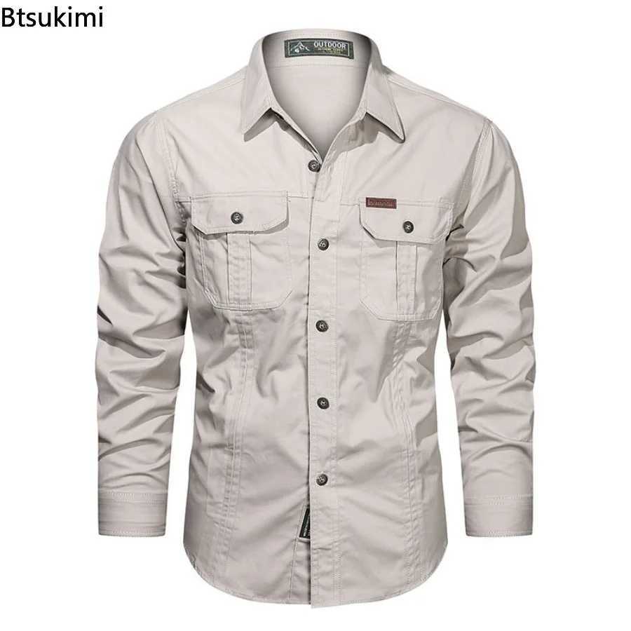 Cotton Cargo Shirts Mens Spring Autumn Long Sleeve 2-pocket Work Shirts Outdoor Casual Men Clothing Oversized 6XL M260305