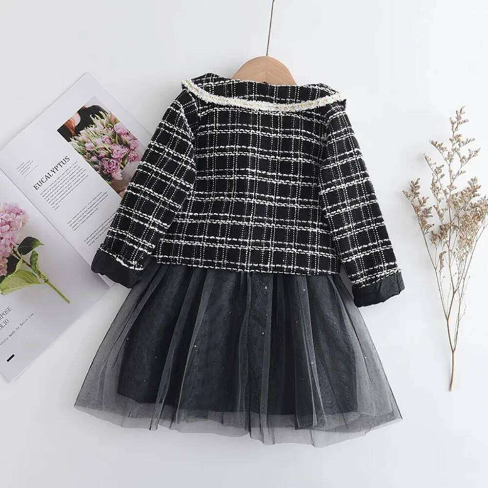 Autumn New Korean Version Clothes of Girls' Sleeveless Mesh Vest Dress+lapel Plaid Long Sleeved Jacket Two-piece Set Z260304