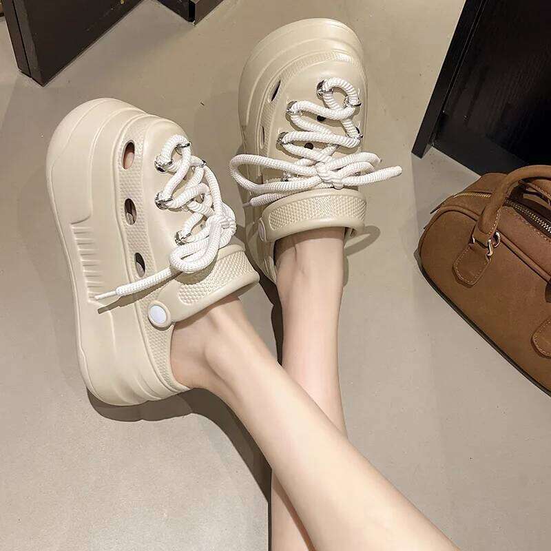 2025 Women Platform Slippers DIY Lace-up Leisure Clogs Summer Garden Shoes Thick Sole Female Home Beach Slides Street Sandals