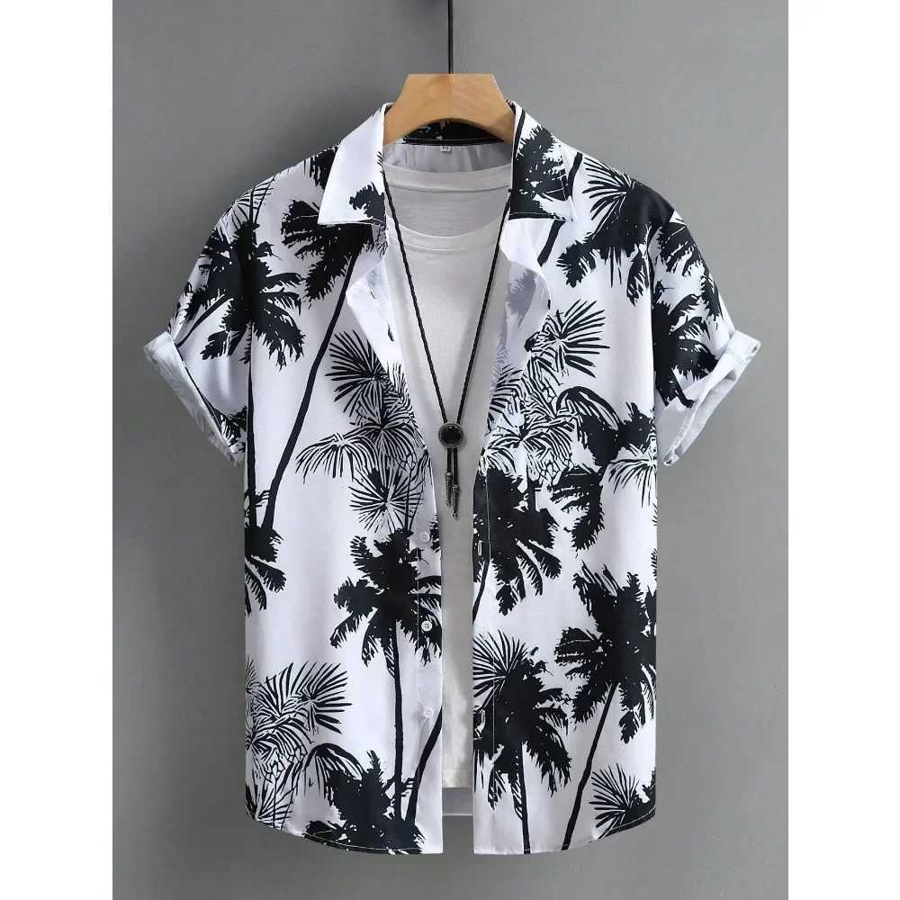 Hawaiian Shirt Man Print Casual Thin Beach Slim Fashion Shirt Black Social Vintage Funny Oversized Clothes M260305