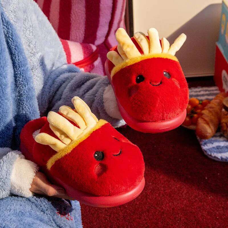 Cute Cartoon Fluffy Slippers For Women Men Autumn Winter House Shoes Warm Plush Anti-slip Furry Fries Couples Home Cotton Slides