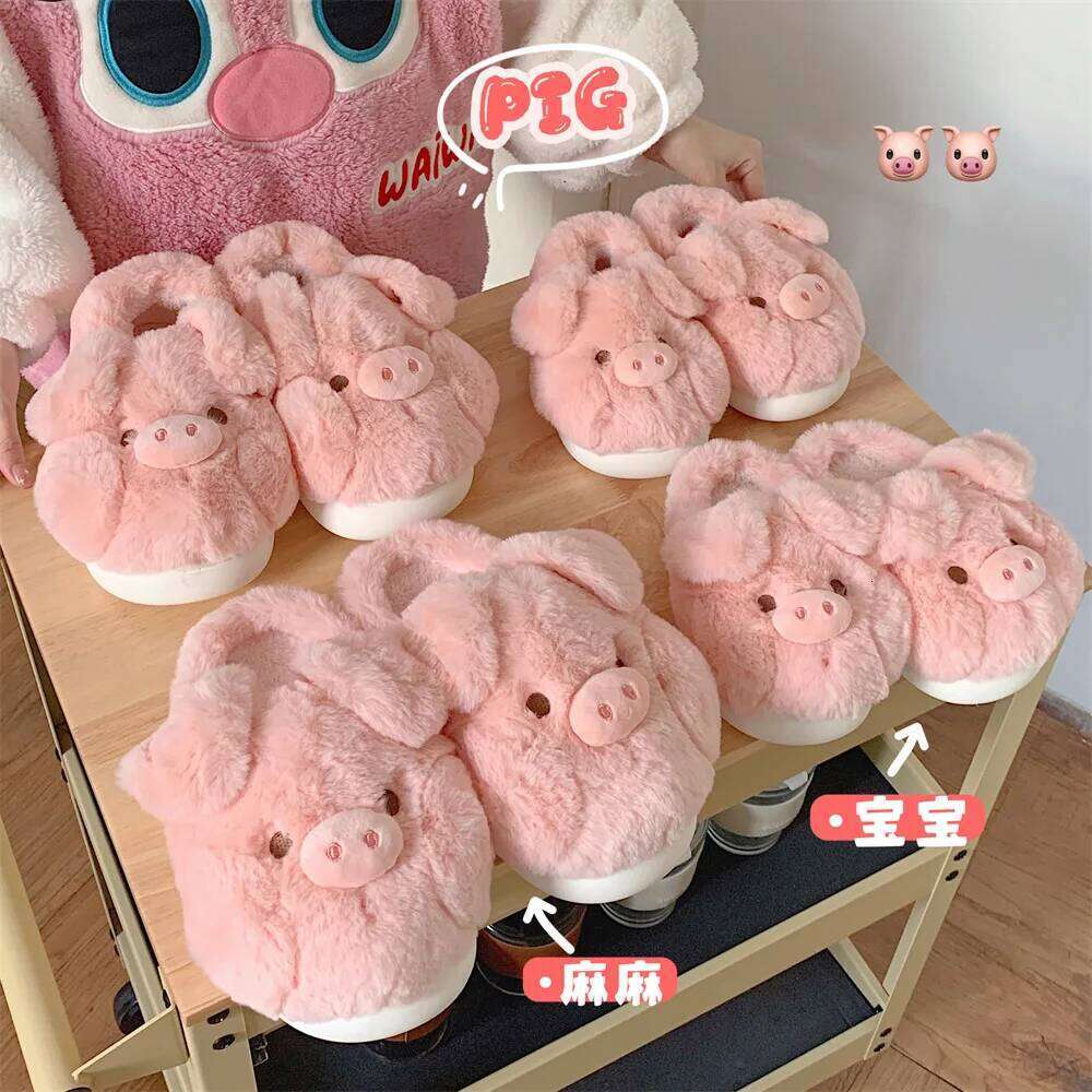 Pink Pig Cotton Slippers Women's Winter Warm Anti-Slip Cute Cartoon Soft Plush Indoor Fluffy Slipper for Girls Home Floor Shoes
