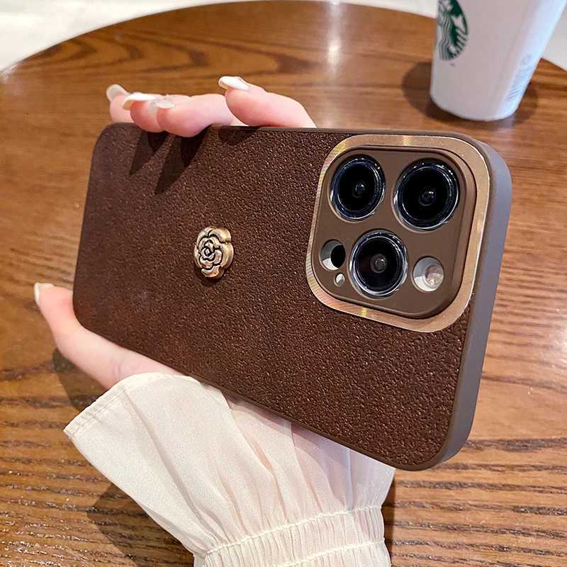 Luxury Suede Leather Metal Camellia Phone Case For iPhone 16 15 14 13 12 11 Pro Max X XS XR 16 Plus | Premium Fashion CoverT260305