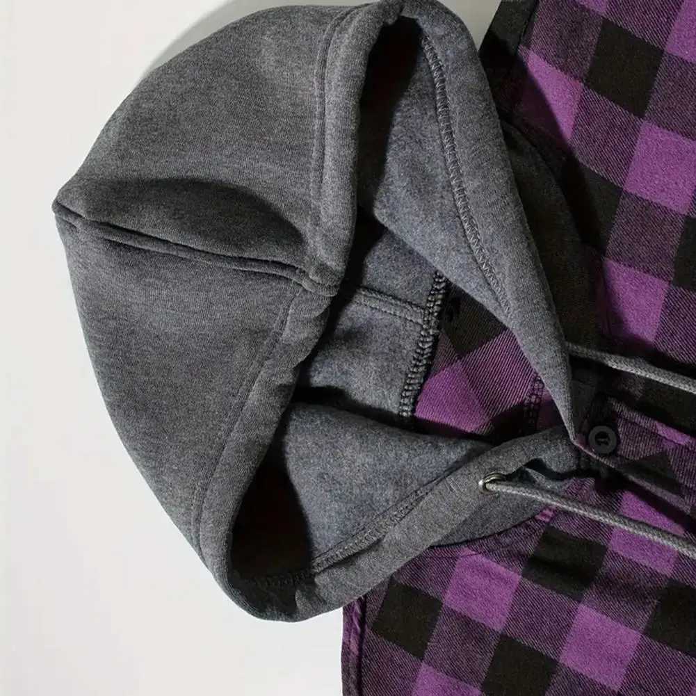 Fall Spring Men Hooded Shirt Color Matching Plaid Print Single-breasted Male Shirt Coat Casual Drawstring Long Sleeves Outerwear M260305