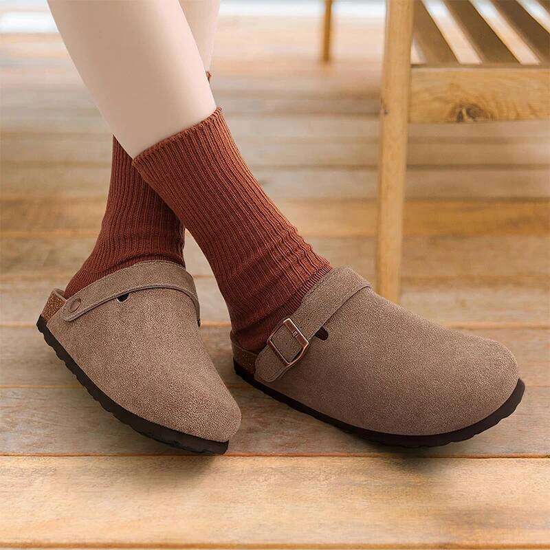 Kidmi Genuine Leather Clogs Cork Footbed Indoor and Outdoor Slippers Cow Suede Mules With Adjustable Strap