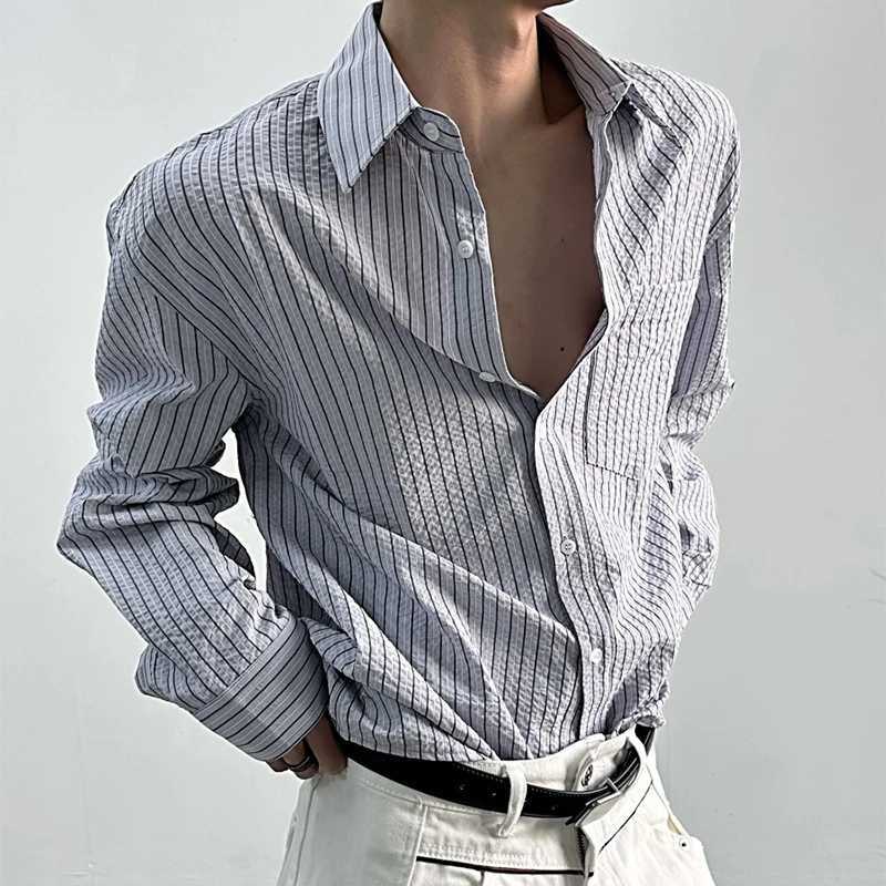 Streetwear Vintage Mens Striped Print Shirt 2026 Spring Autumn Trendy Long Sleeve Textured Shirts Men Casual Button Lapel Shirts M260305