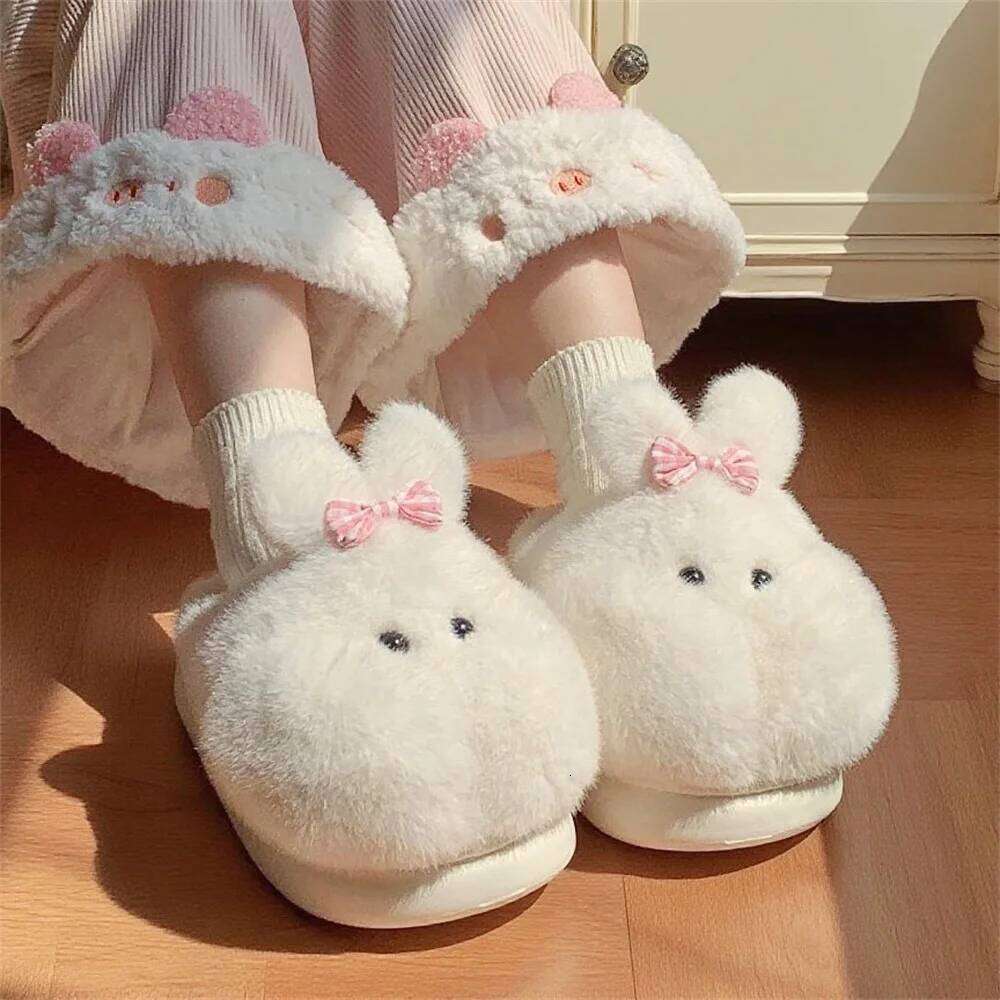 Women Indoor Cotton Slippers Cute Cartoon Rabbit Winter House Shoes Woman Home Floor Fluffy Slides Warm Plush Anti-slip Footwear