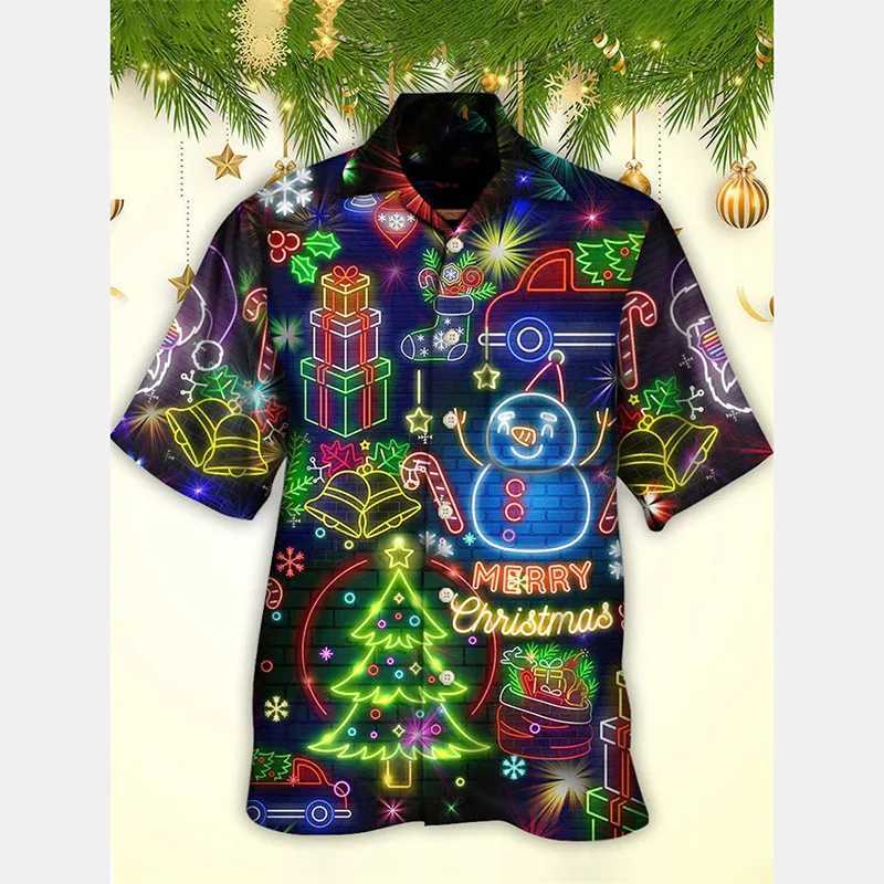 3D Print Neon Theme Christmas Tree Graphic Hawaiian Shirts New Year Merry Christmas Short Sleeve Button Shirt Xmas Trend New Tee M260305