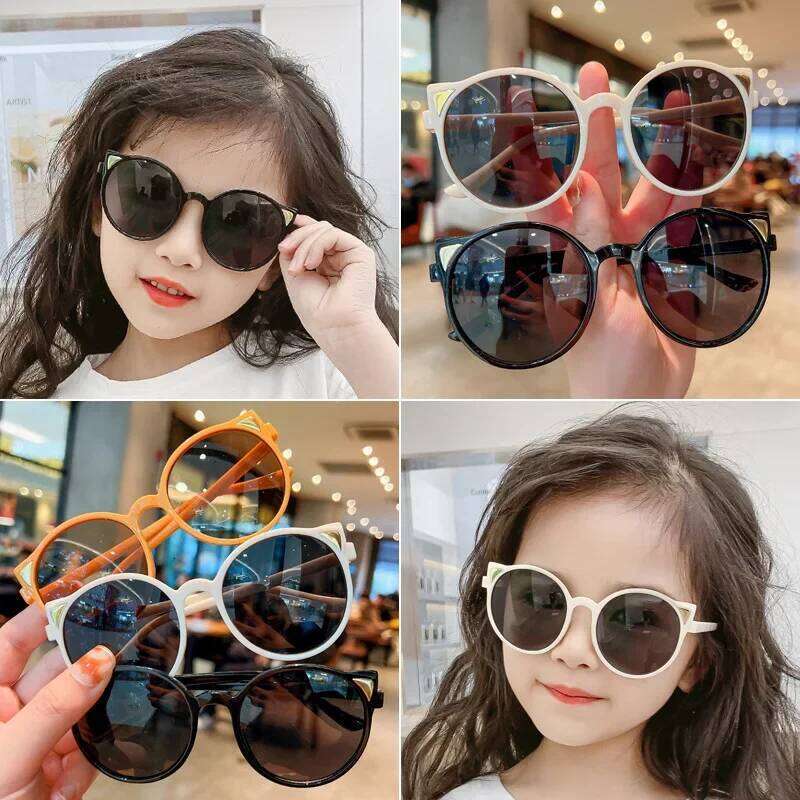 Boys Girls Cute Cat Ear Sunglasses Vintage Travel Outdoor UV-proof Baby Eyewear Children Classic Round Frame Ultralight Glasses Z260305