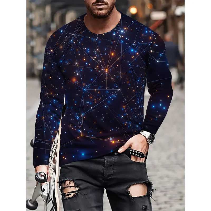 Golden Stripes Pattern T-Shirt For Men Flower Starry Sky 3D Printed T Shirts Autumn Casual Long Sleeves Loose O-Neck Tops Tees M260305