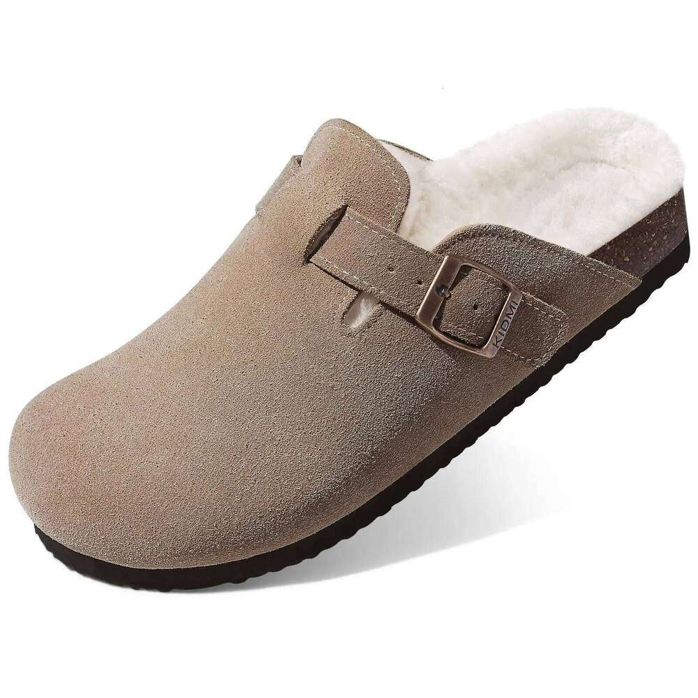 Kidmi Winter Fur Cotton Clogs Slippers Women Suede Short Plush Cork Nonslip Warm Soft Men Mules With Arch Support Shoes