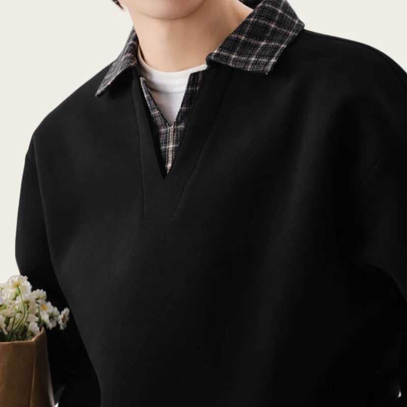 Retro Plaid Neck Sweatshirt for Men and Women Heavyweight Cotton Soft Fake Two-Piece V-Neck Long SLeeve M260305