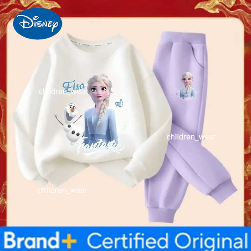 Disney Frozen Elsa Princess Girls Fashion Cartoon Printed Tracksuits Spring Kids Long Sleeve Sports Two-piece Suit Sweatshirt H260305