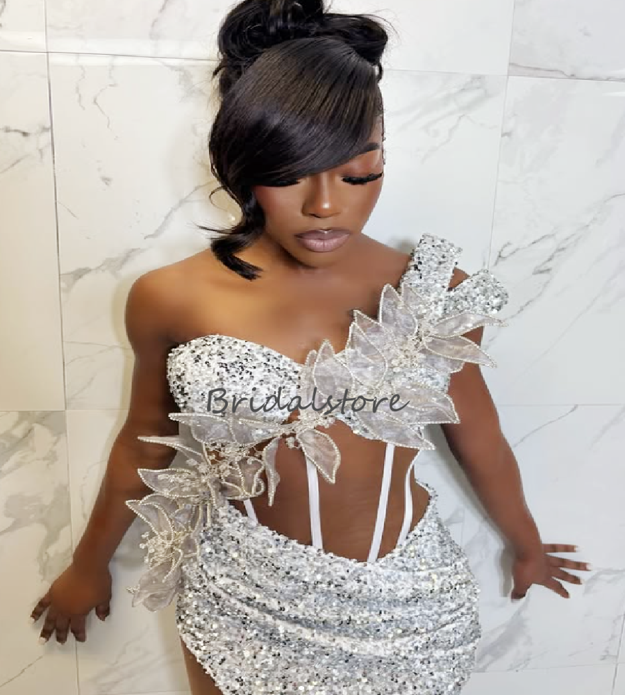 Glitter African Silver Evening Dress With Beaded Sparkly Sequin Black Girls Prom Dress With High Slit Luxury Nigeria Formal Gown Elegant Birthday Part