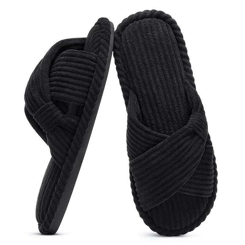 Kidmi House Corduroy Cross Bow Outdoor Slippers Fashion Open Toe Slip On Bedroom Shoes with Memory Foam for Women