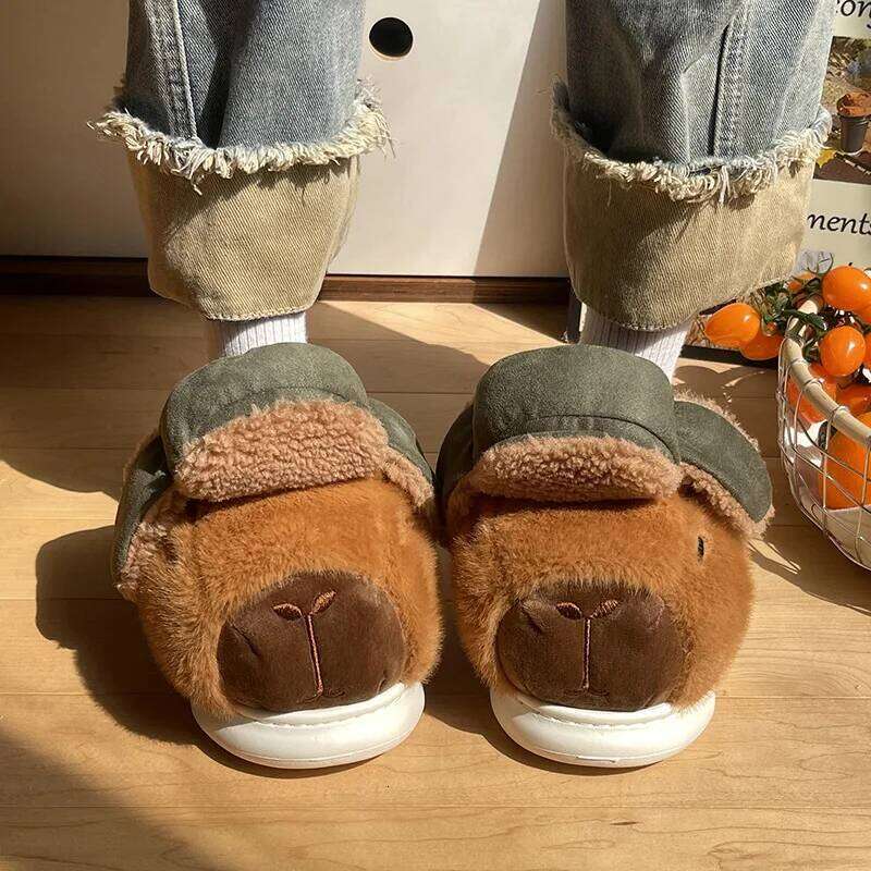 Cute Cartoon Capybara Cotton Slippers For Women Men Spring Winter Shoes Soft Plush Anti-slip Couples Home Floor Fluffy Slipper