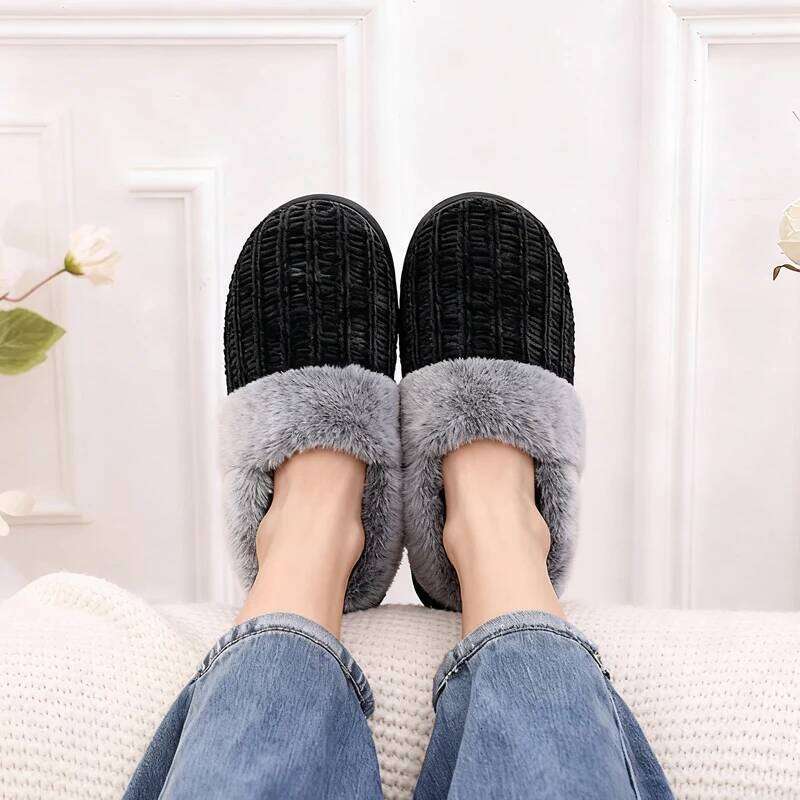Kidmi Winter Fuzzy Women's New Closed Back Fur Knit Bedroom Non-slip Lady Warm Home Shoes Memory Foam Slippers