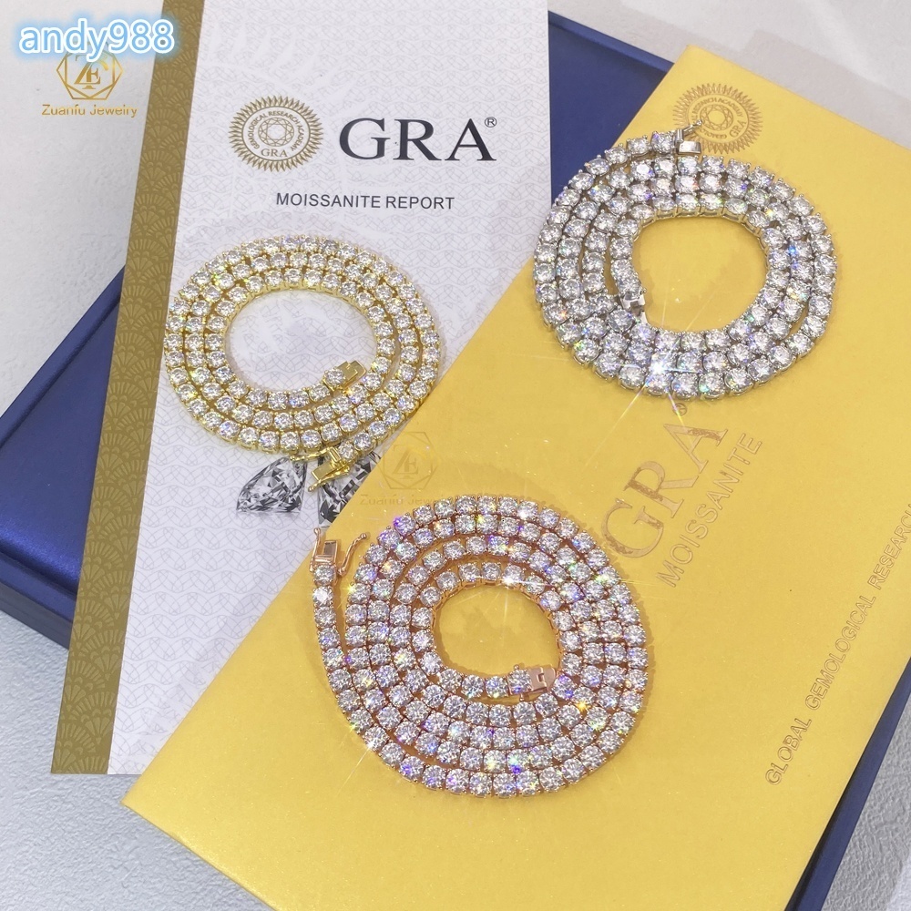 Factory Wholesale Moissanite Jewelry 925 Silver Hip Hop Rock Diamond Chain 2mm 3mm 4mm 5mm 65mm VVS Moissanite Tennis Necklace