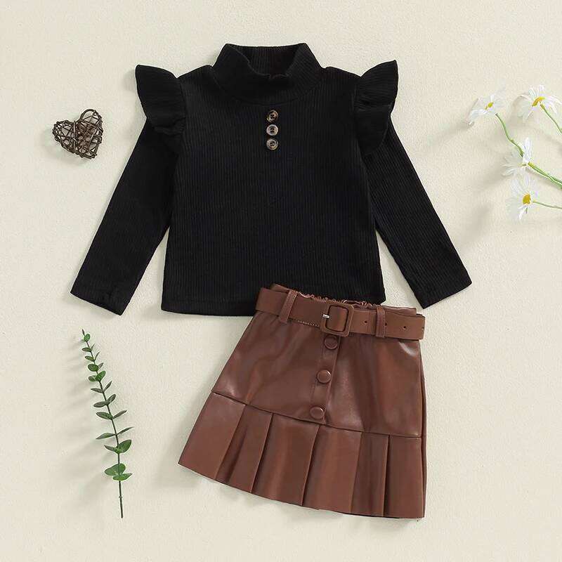 Pudcoco Toddler Girl 2 Piece Outfit Ruffles Long Sleeve Tops and Leather Pleated Skirt Set for Baby Fall Cute Clothes 18M-6T Z260304