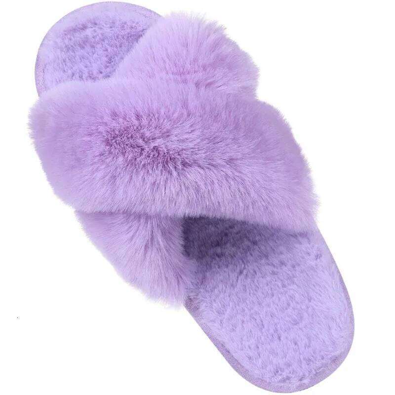 Kidmi New Fashion Fuzzy House for Women Fluffy Bedroom Warm Fur Slippers Thick Sole Cross Band Plush Shoes