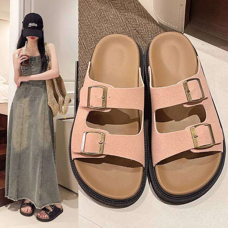 Kidmi Women's Sandals Soft-soled Platform Fashion Slip-on Shoes Indoor And Outdoor Can Be Wear Roman-style Belt-buckle Slippers